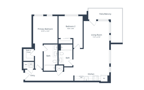 A floor plan of a home with a living room, kitchen, two bathrooms, and two bedrooms.